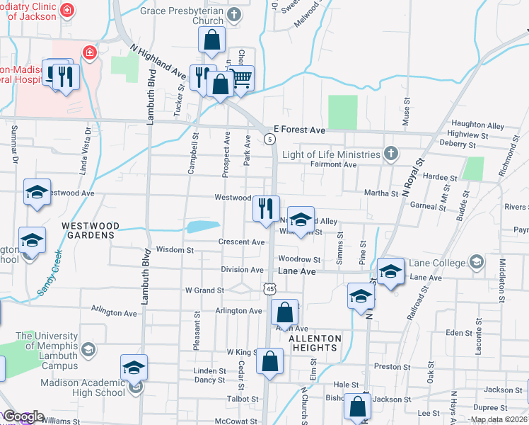 map of restaurants, bars, coffee shops, grocery stores, and more near 1013 North Highland Avenue in Jackson