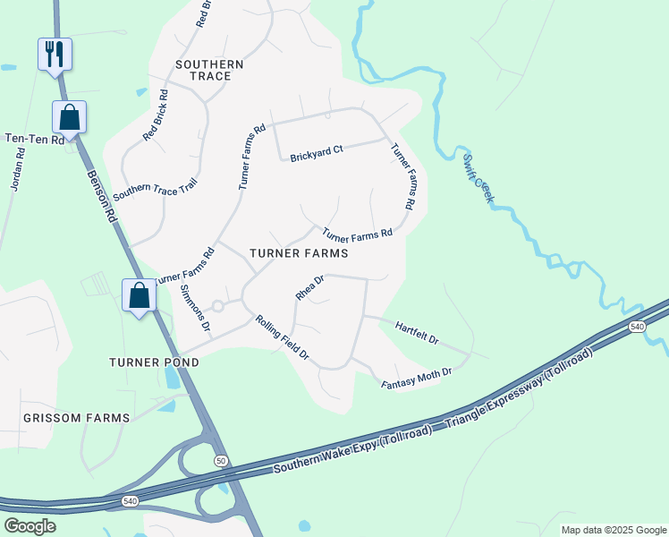 map of restaurants, bars, coffee shops, grocery stores, and more near 1313 Rhea Drive in Garner