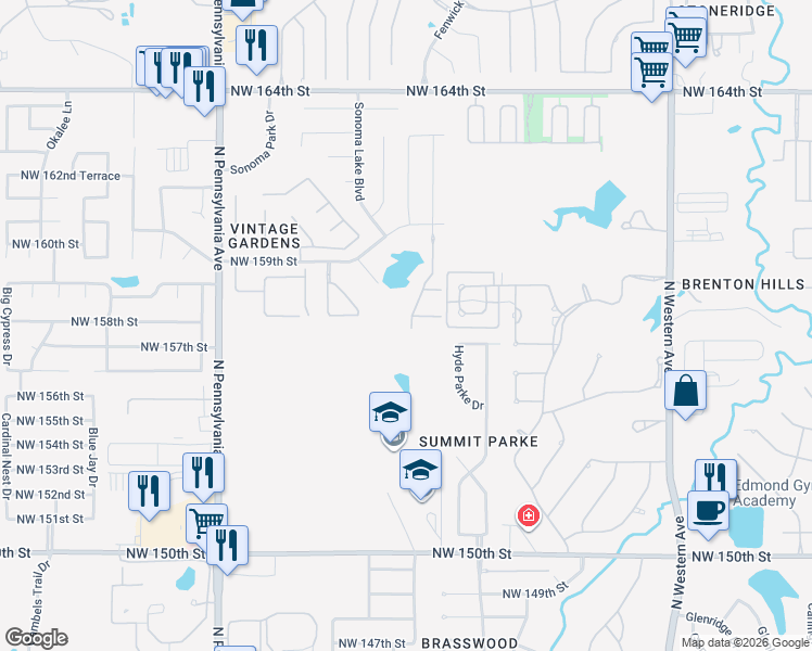 map of restaurants, bars, coffee shops, grocery stores, and more near 15709 Petaluma Place in Edmond