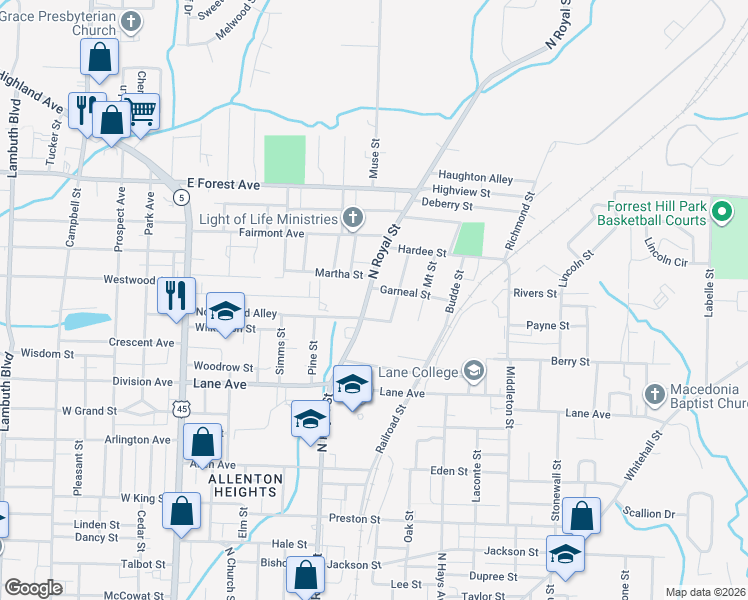 map of restaurants, bars, coffee shops, grocery stores, and more near 908 North Royal Street in Jackson