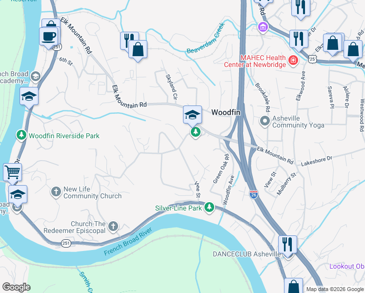 map of restaurants, bars, coffee shops, grocery stores, and more near 40 Jonestown Road in Woodfin