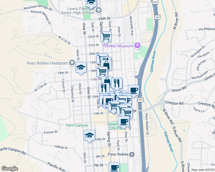 map of restaurants, bars, coffee shops, grocery stores, and more near 1602 Spring Street in Paso Robles