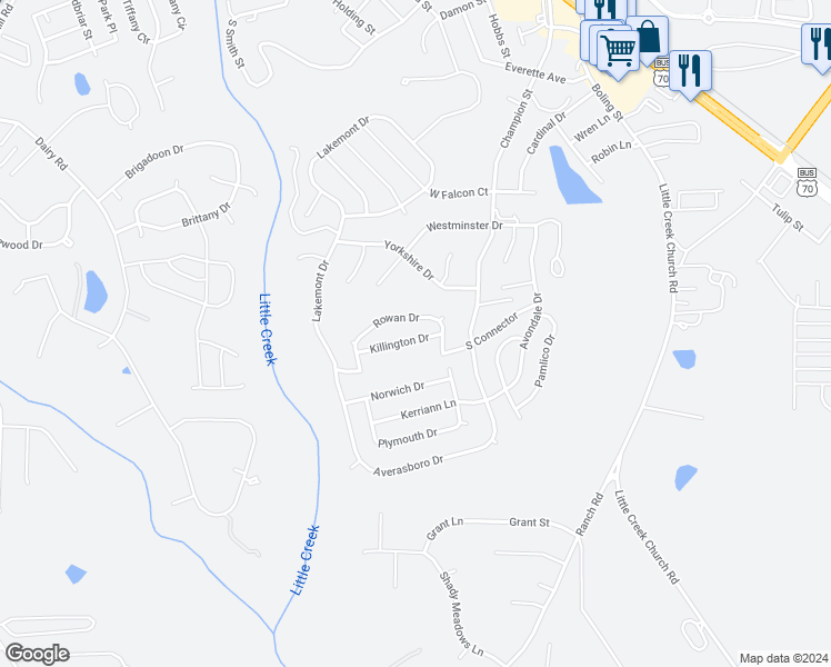 map of restaurants, bars, coffee shops, grocery stores, and more near 72 killington Drive in Clayton