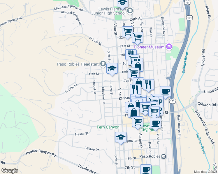 map of restaurants, bars, coffee shops, grocery stores, and more near 1619 Olive Street in Paso Robles