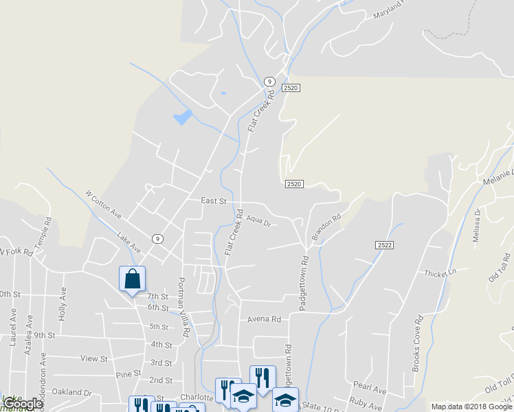 map of restaurants, bars, coffee shops, grocery stores, and more near 725 Padgettown Road in Black Mountain