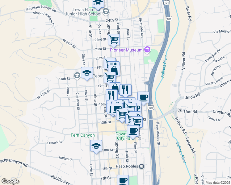 map of restaurants, bars, coffee shops, grocery stores, and more near 1602 Spring Street in Paso Robles