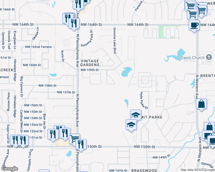 map of restaurants, bars, coffee shops, grocery stores, and more near 1832 Northwest 157th Street in Edmond