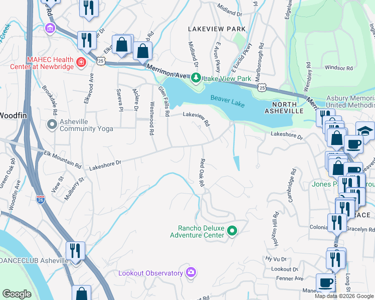 map of restaurants, bars, coffee shops, grocery stores, and more near 410 Lakeshore Drive in Asheville