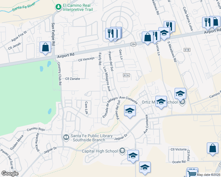 map of restaurants, bars, coffee shops, grocery stores, and more near 4033 Los Milagros in Santa Fe
