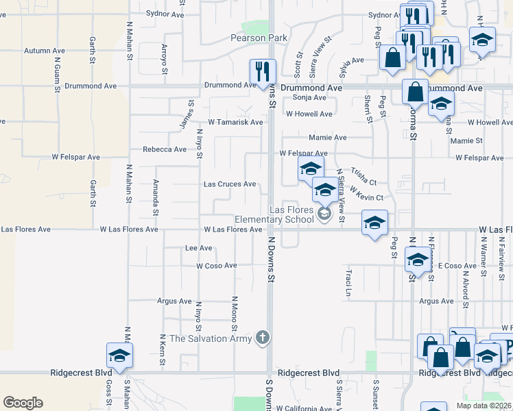 map of restaurants, bars, coffee shops, grocery stores, and more near 533 Las Posas Street in Ridgecrest