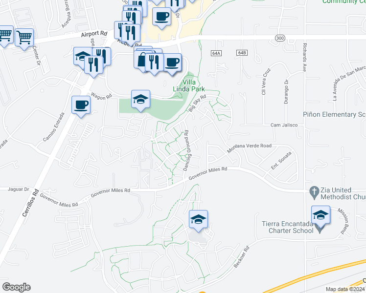 map of restaurants, bars, coffee shops, grocery stores, and more near 4205 New Moon Circle in Santa Fe