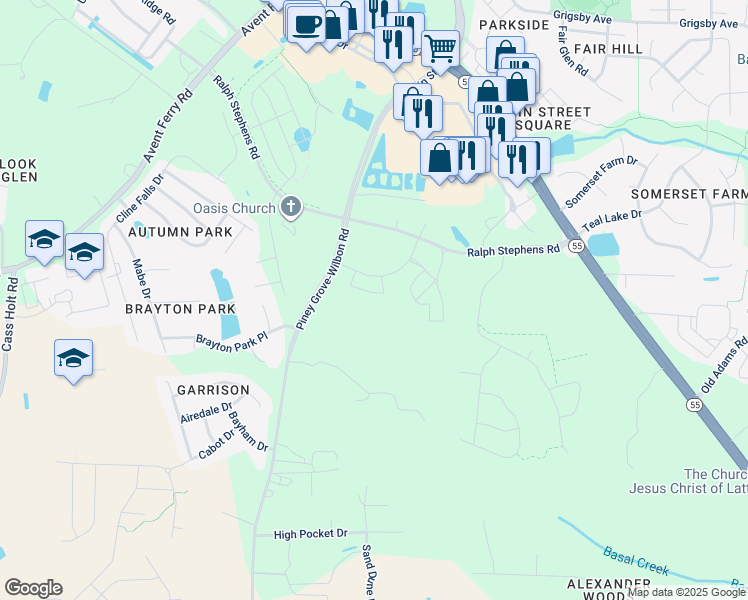 map of restaurants, bars, coffee shops, grocery stores, and more near 1936 Ralph Stephens Road in Holly Springs
