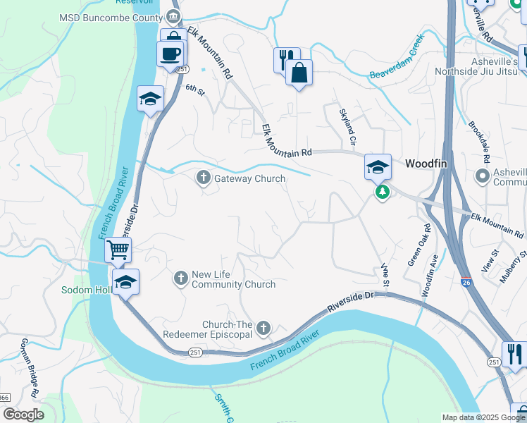 map of restaurants, bars, coffee shops, grocery stores, and more near 18 City View Drive in Woodfin
