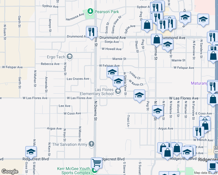 map of restaurants, bars, coffee shops, grocery stores, and more near 520 Scott Street in Ridgecrest