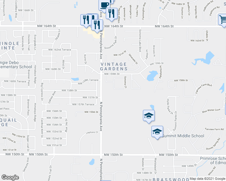 map of restaurants, bars, coffee shops, grocery stores, and more near 15801 Napa Ridge in Edmond