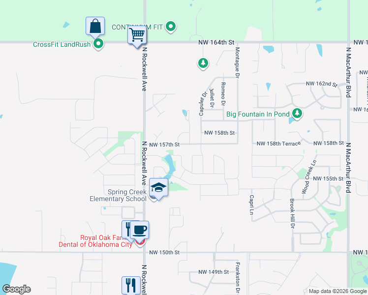 map of restaurants, bars, coffee shops, grocery stores, and more near 6820 Northwest 157th Street in Edmond