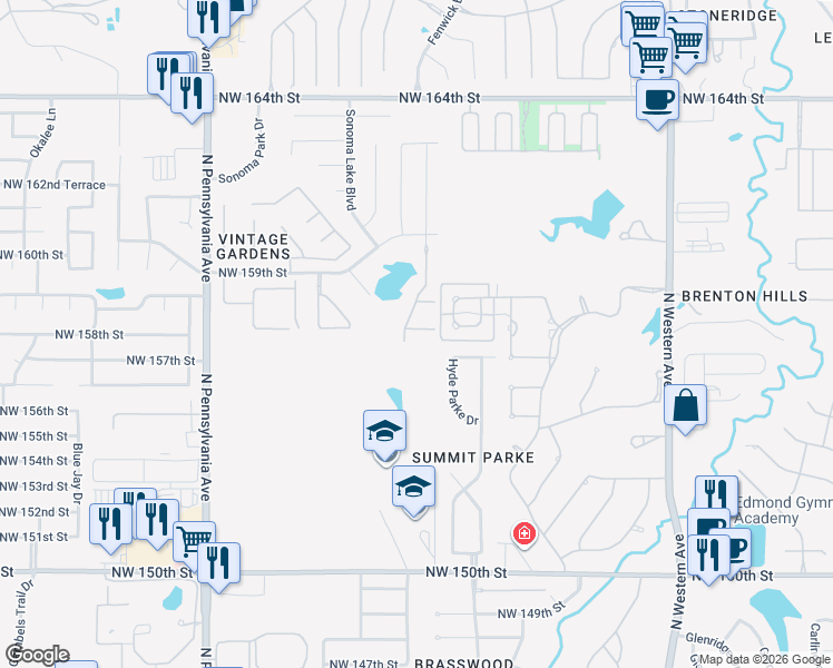 map of restaurants, bars, coffee shops, grocery stores, and more near 15709 Petaluma Place in Edmond