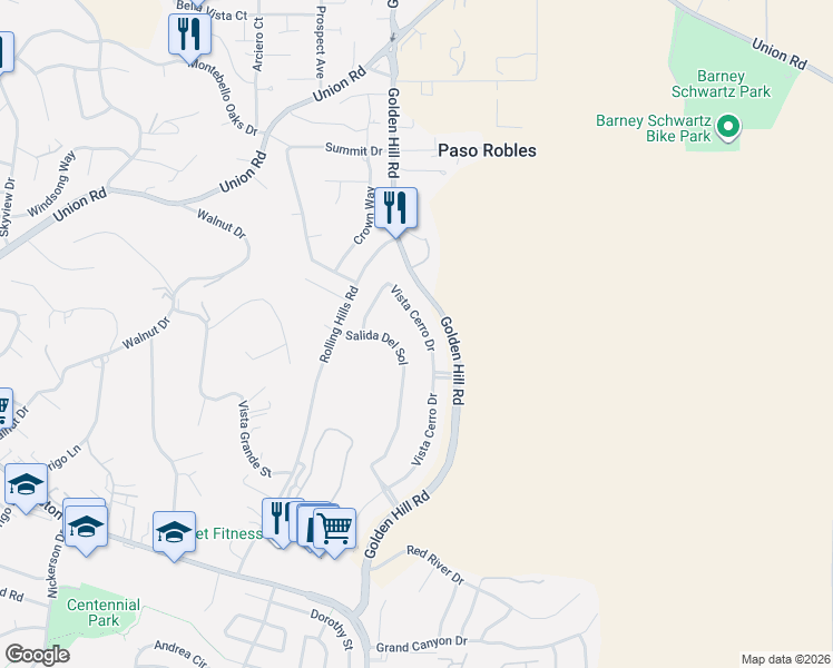 map of restaurants, bars, coffee shops, grocery stores, and more near 950 Vista Cerro Drive in Paso Robles