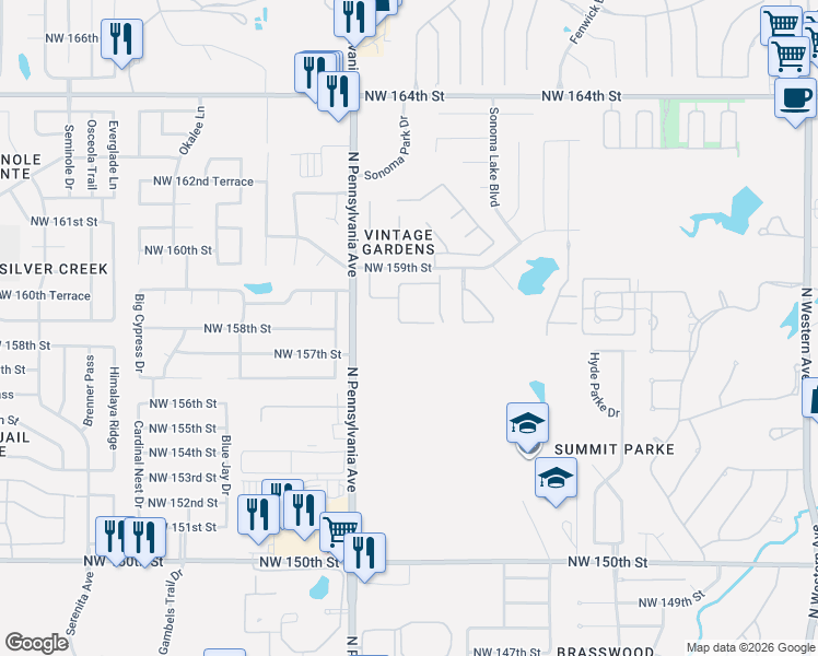 map of restaurants, bars, coffee shops, grocery stores, and more near 15801 Napa Ridge in Edmond