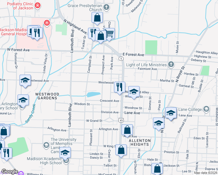 map of restaurants, bars, coffee shops, grocery stores, and more near 327 Park Avenue in Jackson