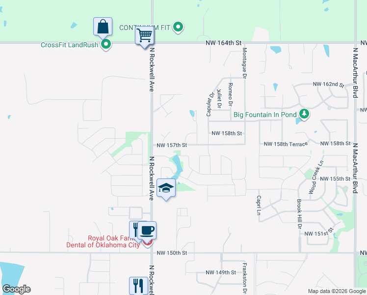 map of restaurants, bars, coffee shops, grocery stores, and more near 6912 Northwest 157th Street in Edmond