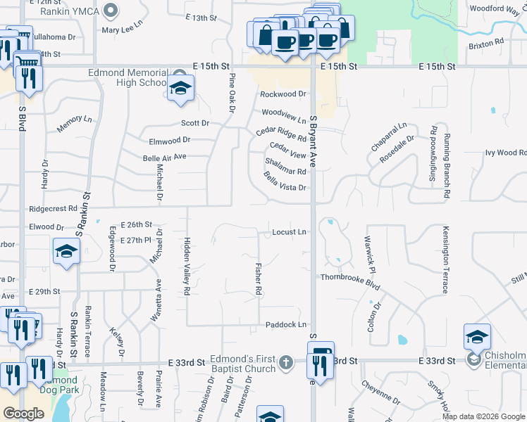 map of restaurants, bars, coffee shops, grocery stores, and more near 1208 Ridgecrest Road in Edmond