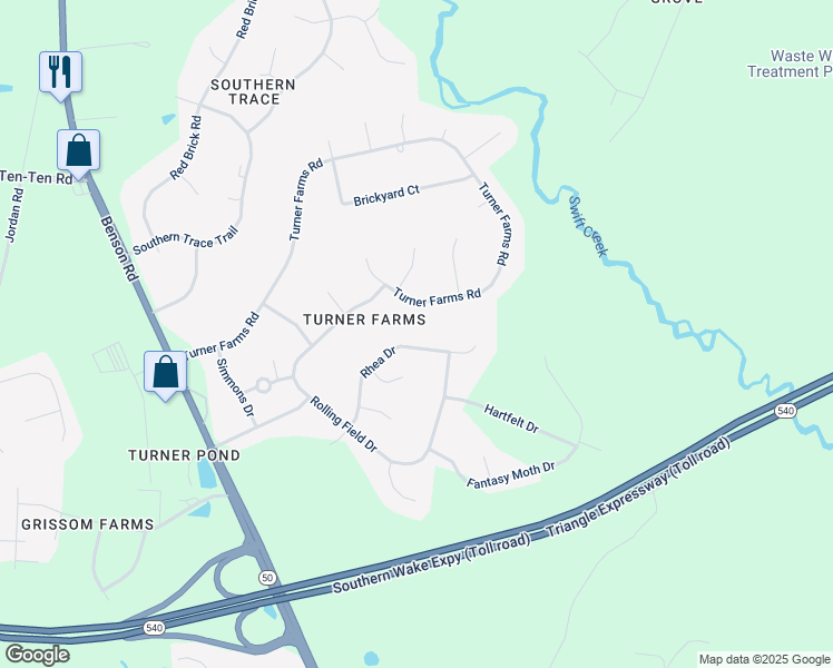 map of restaurants, bars, coffee shops, grocery stores, and more near 1313 Rhea Drive in Garner