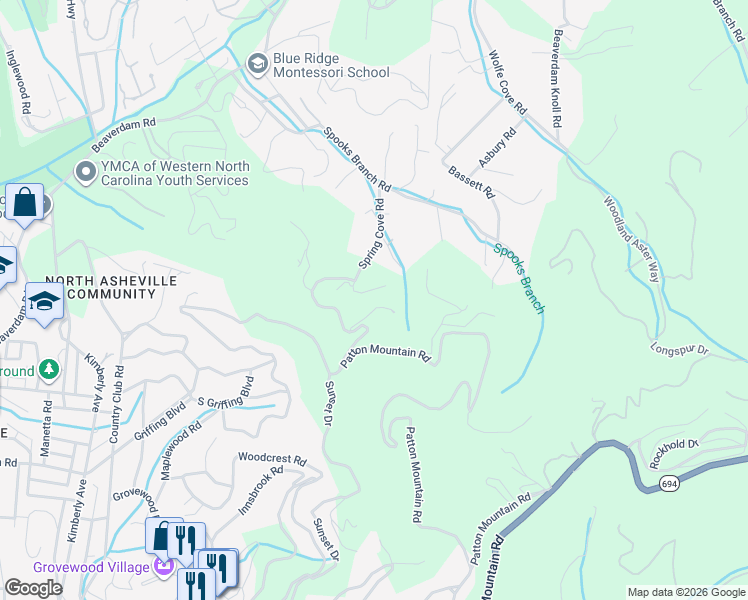 map of restaurants, bars, coffee shops, grocery stores, and more near 99999 Wolfebridge Lane in Asheville