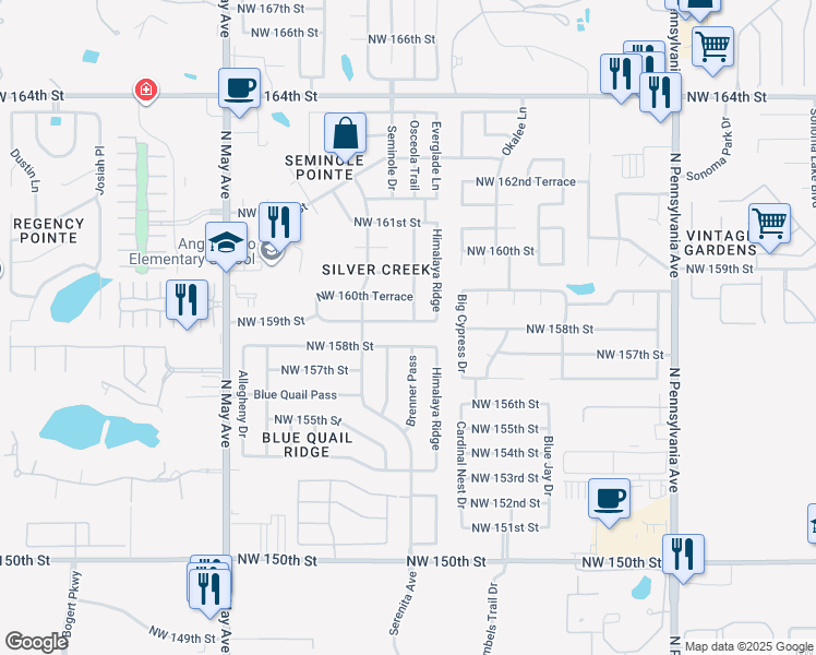 map of restaurants, bars, coffee shops, grocery stores, and more near 2604 Northwest 159th Street in Edmond