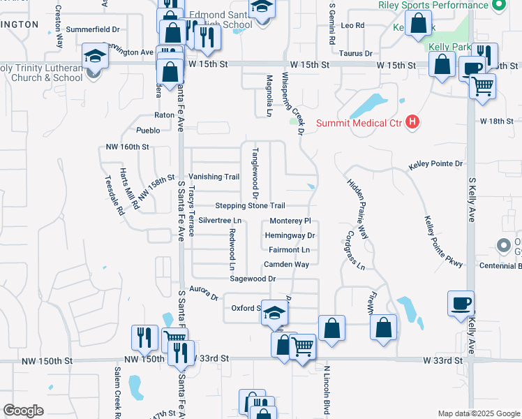 map of restaurants, bars, coffee shops, grocery stores, and more near 1900 Stepping Stone Trail in Edmond