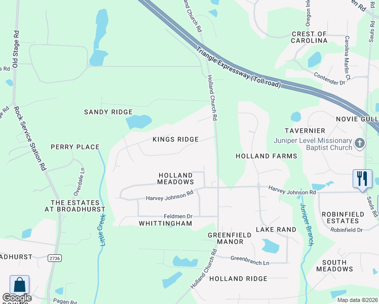 map of restaurants, bars, coffee shops, grocery stores, and more near 433 Kings Hollow Drive in Raleigh
