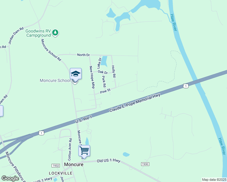 map of restaurants, bars, coffee shops, grocery stores, and more near 150 Pine Street in Moncure