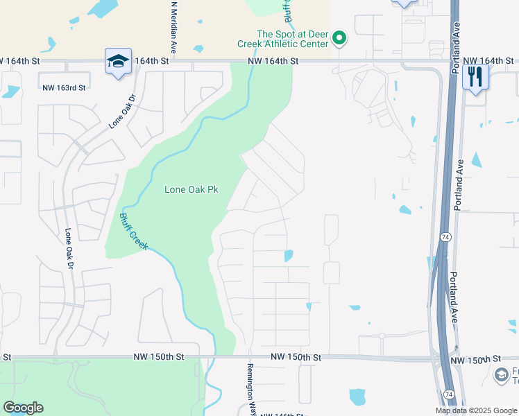 map of restaurants, bars, coffee shops, grocery stores, and more near 16236 Winding Park Drive in Edmond