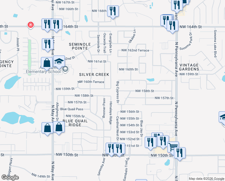 map of restaurants, bars, coffee shops, grocery stores, and more near 2500 Northwest 159th Street in Edmond