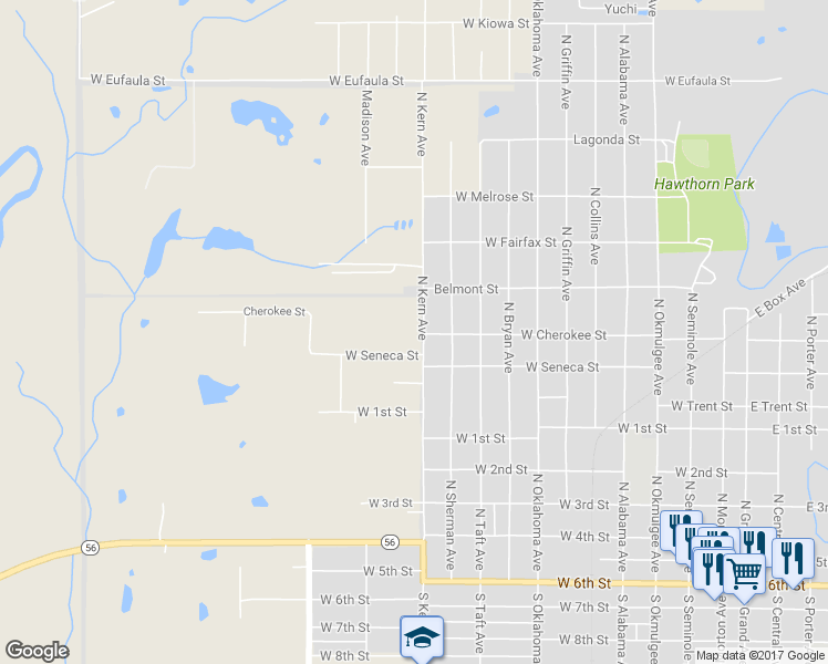map of restaurants, bars, coffee shops, grocery stores, and more near 814 North Kern Avenue in Okmulgee