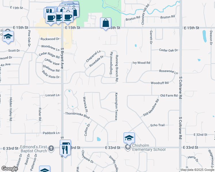 map of restaurants, bars, coffee shops, grocery stores, and more near 2128 Running Branch Road in Edmond
