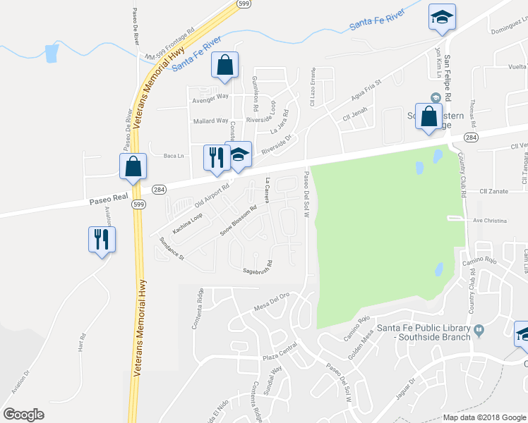 map of restaurants, bars, coffee shops, grocery stores, and more near 7417 Saratoga Lane in Santa Fe