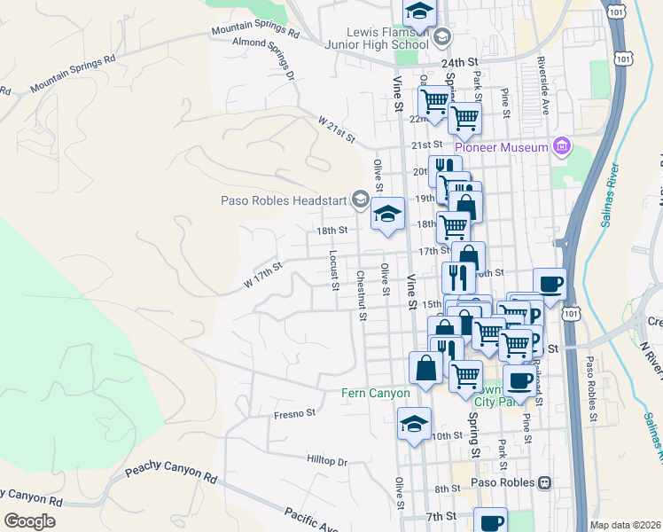 map of restaurants, bars, coffee shops, grocery stores, and more near 144 17th Street in Paso Robles