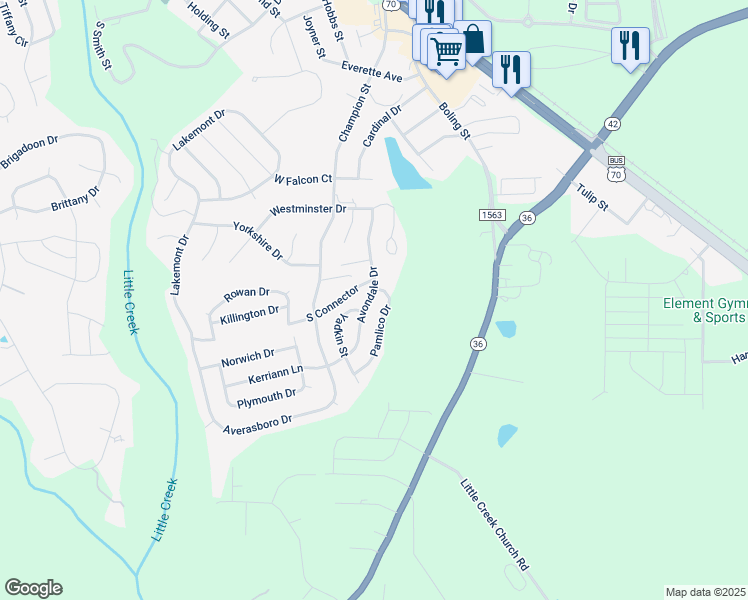 map of restaurants, bars, coffee shops, grocery stores, and more near 933 Avondale Drive in Clayton