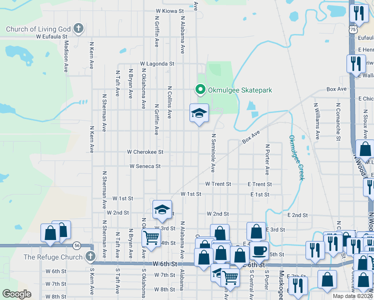 map of restaurants, bars, coffee shops, grocery stores, and more near 901 North Alabama Avenue in Okmulgee