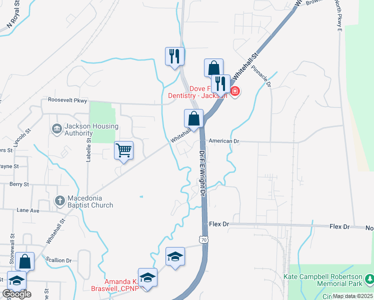 map of restaurants, bars, coffee shops, grocery stores, and more near 1501 Highway 70 East in Jackson