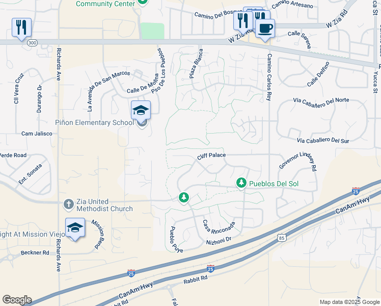 map of restaurants, bars, coffee shops, grocery stores, and more near 3013 Pueblo Grande in Santa Fe