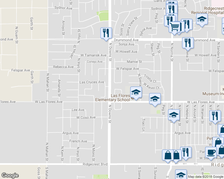 map of restaurants, bars, coffee shops, grocery stores, and more near 525 Randall Street in Ridgecrest