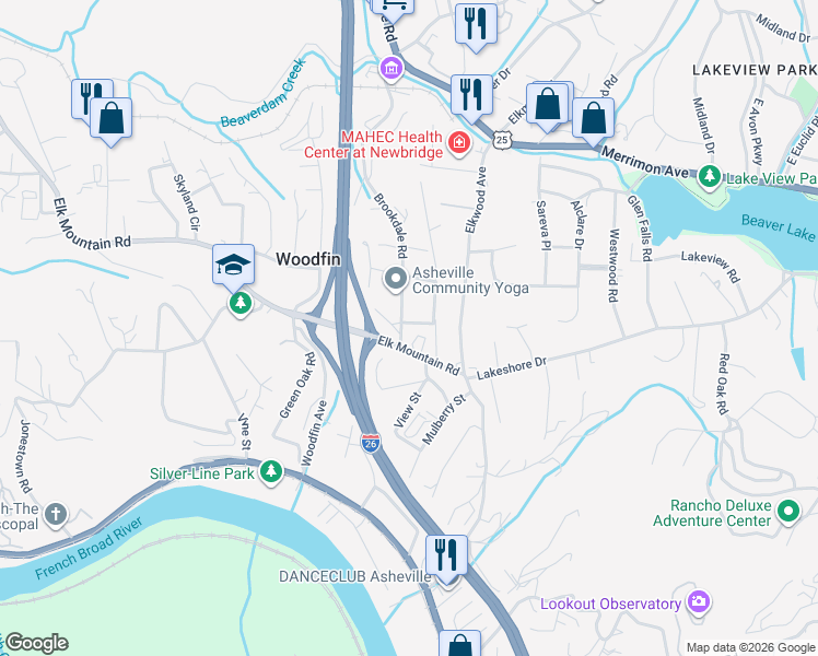 map of restaurants, bars, coffee shops, grocery stores, and more near 1 Brookdale Road in Woodfin