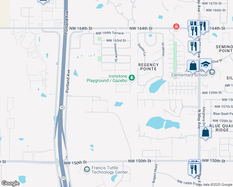 map of restaurants, bars, coffee shops, grocery stores, and more near 3316 Northwest 158th Terrace in Edmond