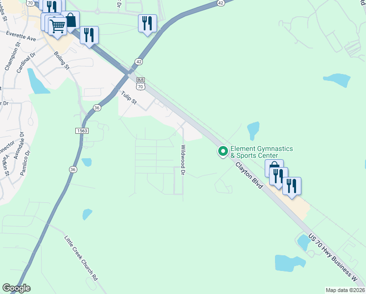 map of restaurants, bars, coffee shops, grocery stores, and more near 720 Wildwood Drive in Clayton