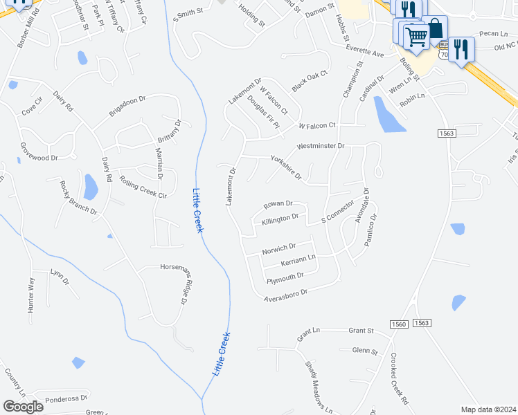 map of restaurants, bars, coffee shops, grocery stores, and more near 252 Rowan Drive in Clayton
