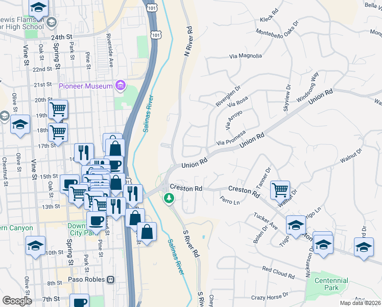 map of restaurants, bars, coffee shops, grocery stores, and more near 1510 Las Brisas Drive in Paso Robles