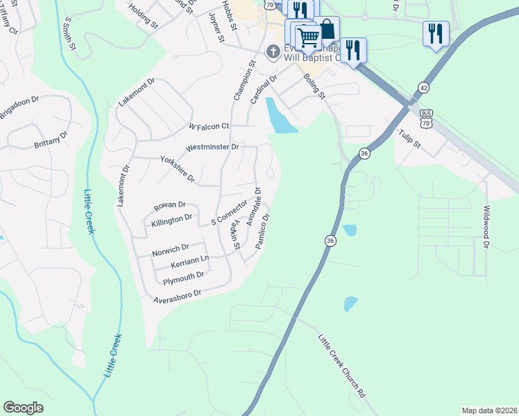 map of restaurants, bars, coffee shops, grocery stores, and more near 84 Pamlico Drive in Clayton