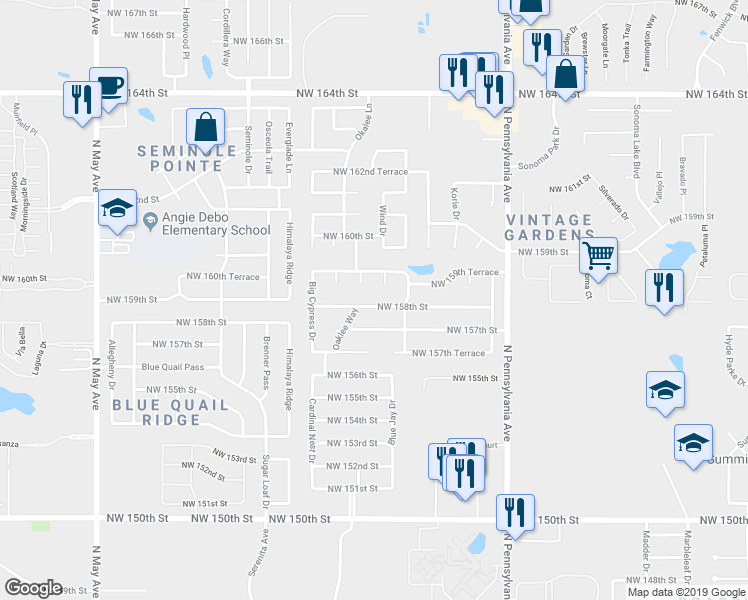 map of restaurants, bars, coffee shops, grocery stores, and more near 2325 Northwest 158th Street in Edmond